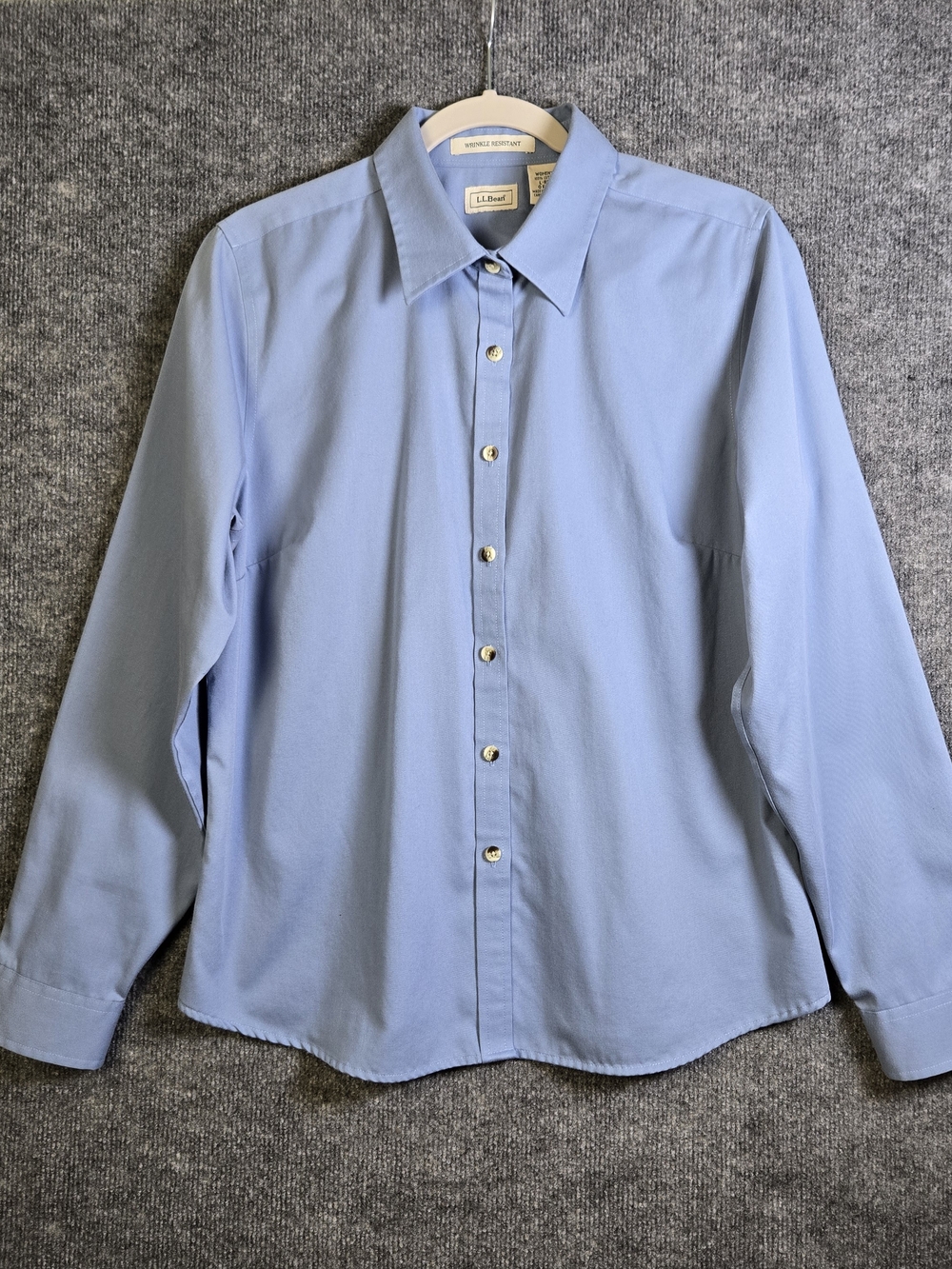 LL Bean Shirt Womens L Regular Blue Brushed Cotton Wrinkle Resist Button Up